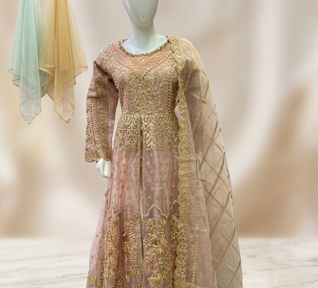 Designer Peach & Gold Heavily Embroidered Anarkali Gown