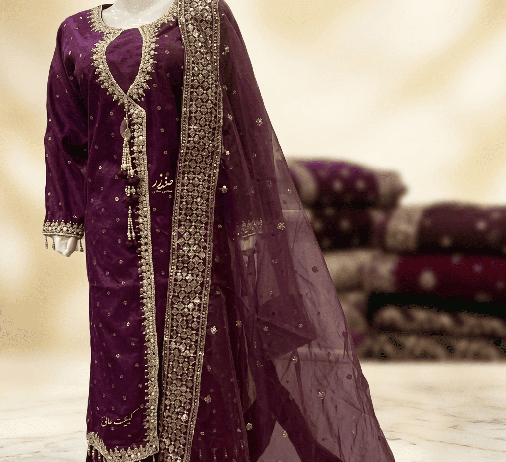 Deep Maroon Velvet Suit with Heavy Embroidery